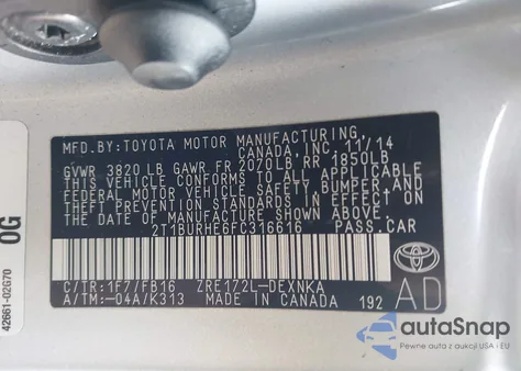 2015 Toyota Corolla Le из США, поврежденный, VIN 2T1BURHE6FC316616